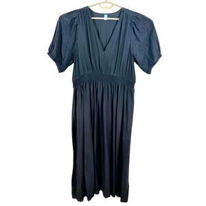 Old Navy Black Midi Dress XL Tall Smocked Eyelet Cottage Boho Peasant Pockets